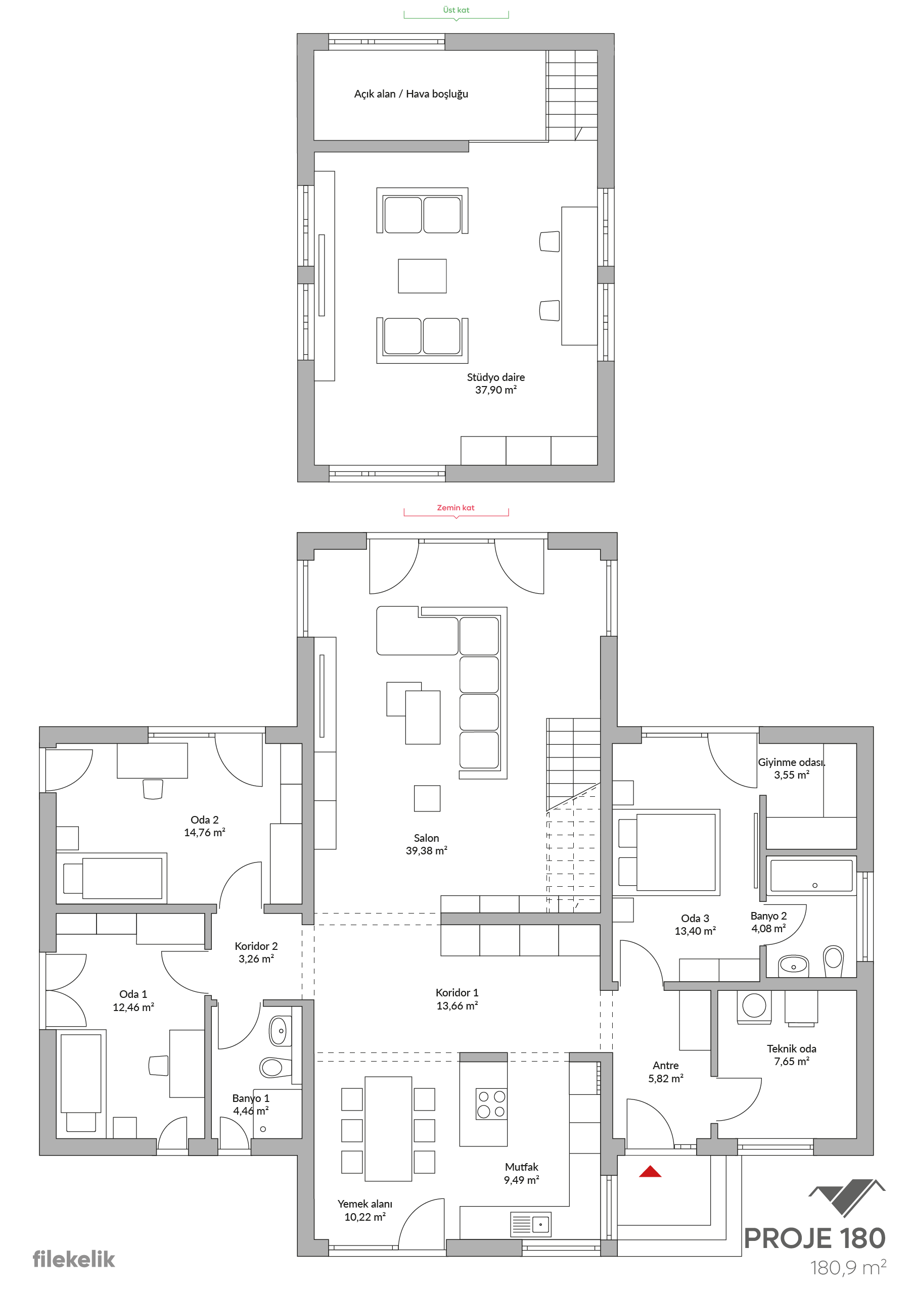 180 m² Çift Katlı Çelik Ev Şapkalı